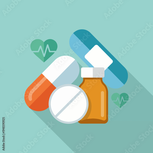 This graphic showcases various medicinal pills and health-related symbols, conveying a message about health-care, wellness, and the importance of medication in modern life.