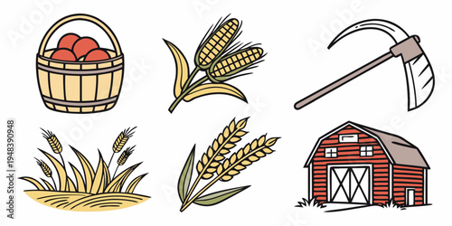 farm icons including a basket, scythe, and barn Vector