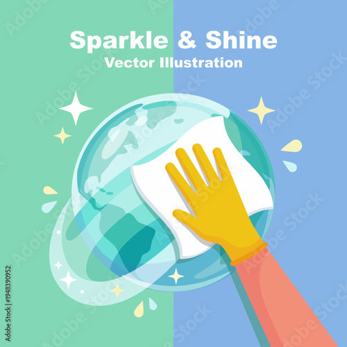 A bright and colorful illustration featuring a hand using a cloth to clean a shining bubble, symbolizing cleanliness and freshness in a visually appealing way.