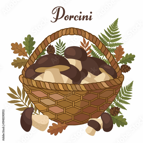 This illustration features a basket overflowing with freshly harvested porcini mushrooms, symbolizing nature's bounty and the delightful experience of foraging in the wild.