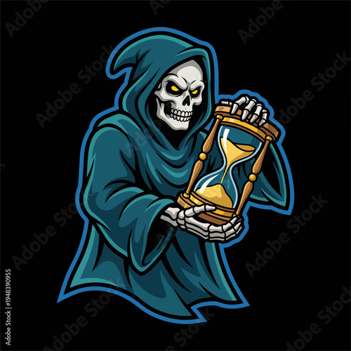 A bold and striking illustration of a skeleton wearing a hooded cloak while holding an hourglass, representing the concept of time and mortality in art.