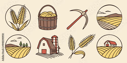 farm icons including wheat, tractor, and barn Vector