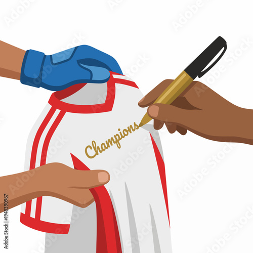 An engaging illustration of a jersey being signed, capturing a celebratory moment filled with excitement and achievement in the realm of sports.