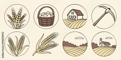 a set of farm icons including wheat and farm tools Vector