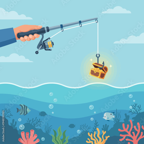 This image features a fishing rod with a treasure chest being submerged underwater, surrounded by colorful coral reefs and marine life to evoke adventure and discovery.