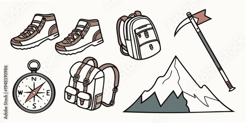 hiking gear and mountain climbing equipment Vector