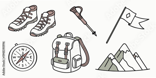 hiking gear and accessories for outdoor adventure Vector