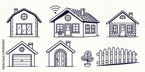 a set of seven different house and building designs Vector