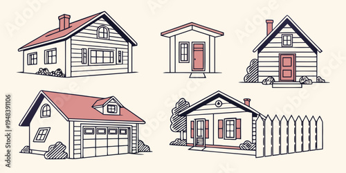 a set of small houses with red roofs and white picket fences Vector