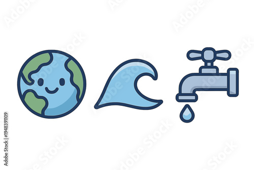 A collection of three blue and green icons including a cute smiling planet Earth, a cresting ocean wave, and a water tap with a single droplet on a dark background.