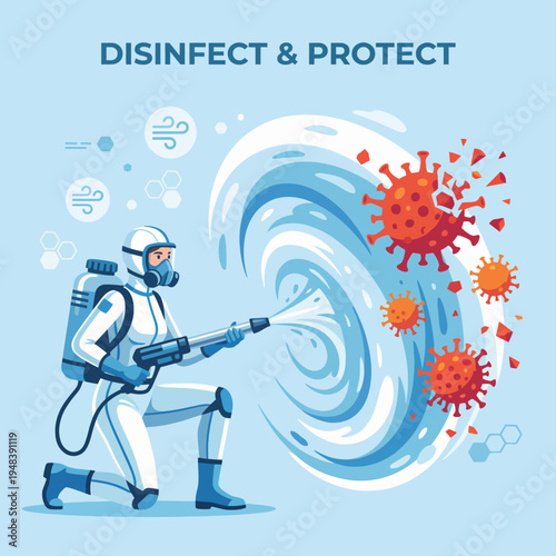 This image shows a health worker using a disinfectant spray against viruses, symbolizing the fight against illness and the importance of cleanliness in public health.