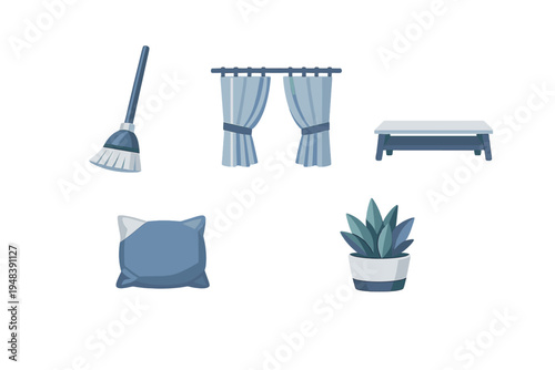 A collection of household icons including a broom, curtains, a coffee