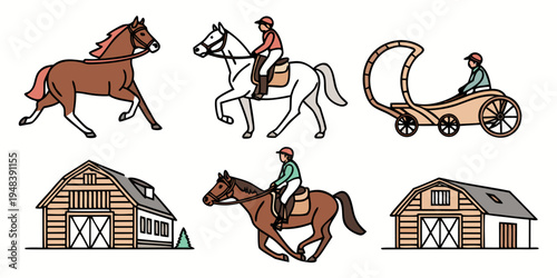 a set of illustrations featuring horses and horse drawn vehicles Vector
