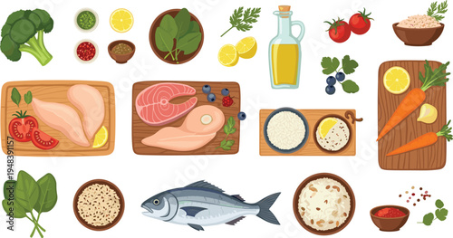 Vector Set of Fresh Cooking Ingredients with Chicken, Fish, Rice, Vegetables, Olive Oil, Herbs, and Healthy Food Preparation Elements