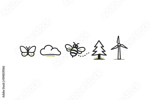 A set of five minimalist hand-drawn icons representing nature and