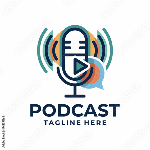 A modern design of a microphone surrounded by sound wave graphics and a play button, representing the vibrant and engaging nature of podcasting in audio content creation.
