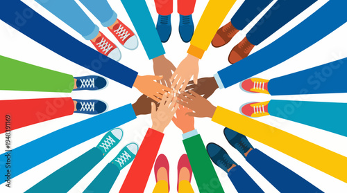 This image showcases a circle of diverse hands reaching towards each other, symbolizing unity, teamwork, and community spirit in a vibrant and engaging composition.