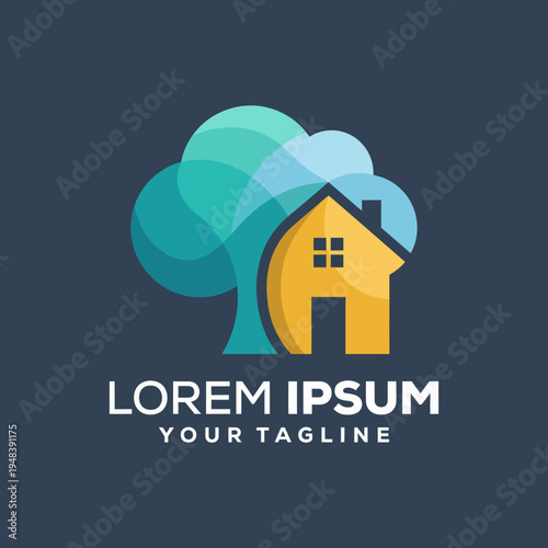 A stylized depiction of a house nestled beside a lush tree, illustrating harmony between nature and home, ideal for concepts reflecting peace and sustainable living.