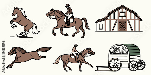 a set of horse riding icons with a barn and carriage Vector