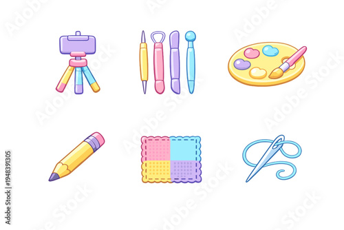 A collection of six cute pastel-colored icons representing various