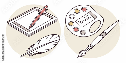 a notebook pencil palette and quill pen for art Vector