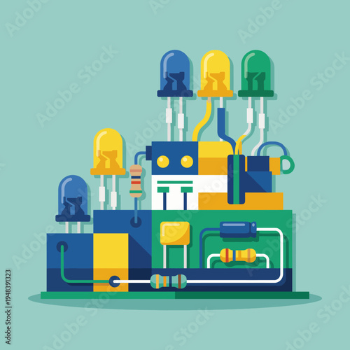 This vibrant illustration features colorful LED lights, resistors, and circuits, showcasing the intricate world of electronics and technology in a playful way.