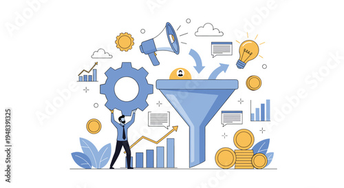Marketing funnel concept with business professional holding gear shows process of lead generation and conversion.