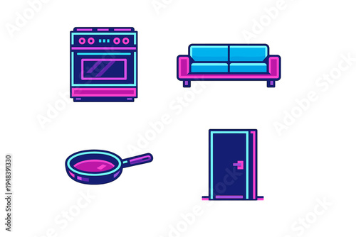 A set of four neon-style icons featuring a kitchen stove, a living