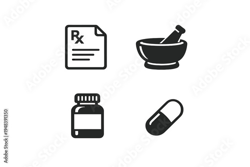 Collection of four minimalist black icons representing pharmacy and