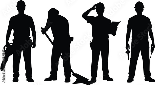 Construction worker silhouettes with tools, engineer reading blueprint, builder holding chainsaw and shovel, industrial labor team, engineering profession, isolated vector illustration set
