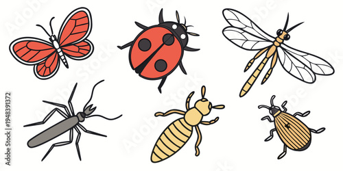 a group of insects including a butterfly and a ladybug Vector
