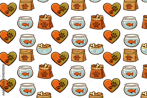 A seamless pattern featuring hand-drawn pet care icons, including