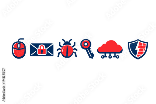 A collection of six flat cybersecurity icons in navy blue and red