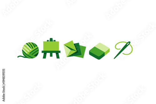 A set of five stylized green icons representing various arts and