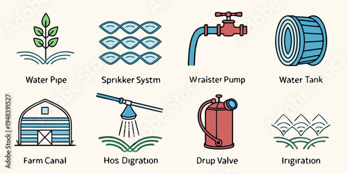 a collection of icons related to irrigation and plumbing Vector
