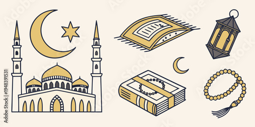 ramadan kareem islamic icons with mosque and lantern Vector