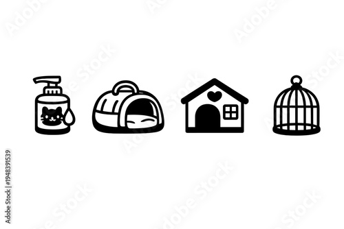 A set of four minimalist black and white icons representing pet care