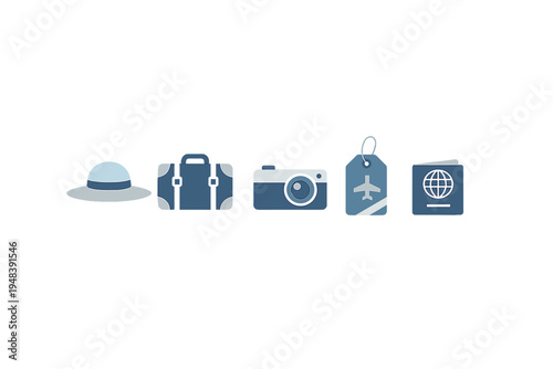 A collection of flat design travel icons including a sun hat