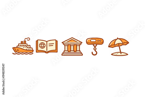 A collection of five minimalist icons for travel and tourism
