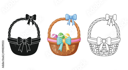 Set of easter baskets with colorful eggs and bows, including silhouette and line art versions for holiday design