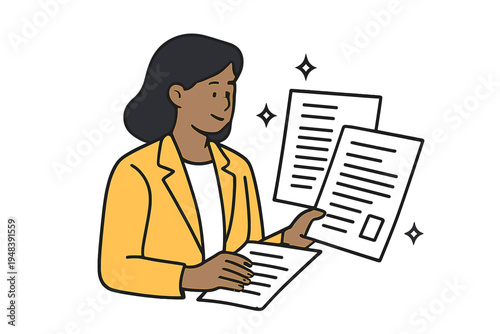 A professional woman with dark hair and a yellow jacket examines multiple sheets of paper. This cartoon illustration depicts a person organizing documents on a dark background.