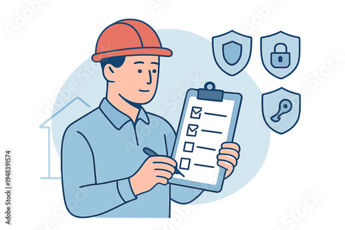 A man wearing an orange hard hat and a blue shirt holds a clipboard with a checklist. He is marking items next to shield icons representing security, safety, and protection.