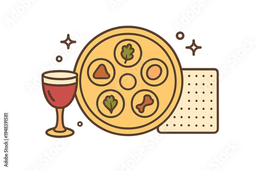 This flat design illustration features a traditional Passover Seder plate with symbolic foods, a glass of red wine, and a piece of matzah against a dark background.