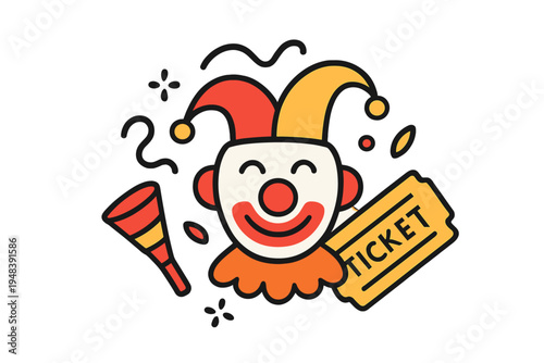 This flat vector illustration features a happy clown face with a jester hat, a striped party horn, and a yellow ticket. The design uses bold colors on a solid black background.