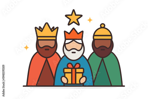 A flat illustration of the three wise men wearing crowns and robes. The central figure holds a gift box under a starry sky. This minimalist design features bold outlines and colors.