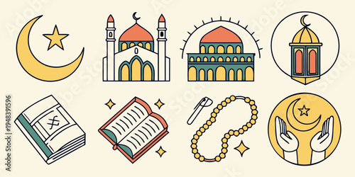 ramadan icons and symbols in colorful illustrations Vector