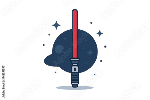 A minimalist vector graphic featuring a red laser sword positioned vertically in front of a dark blue celestial background with stars and a planet on a black field.