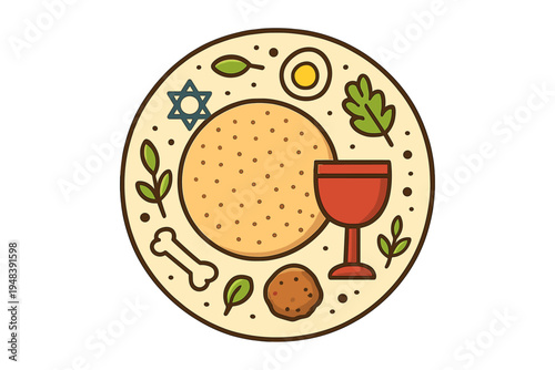 A flat vector illustration of a Passover Seder plate featuring matzah, a wine cup, a shank bone, an egg, and bitter herbs arranged in a circle on a cream background.