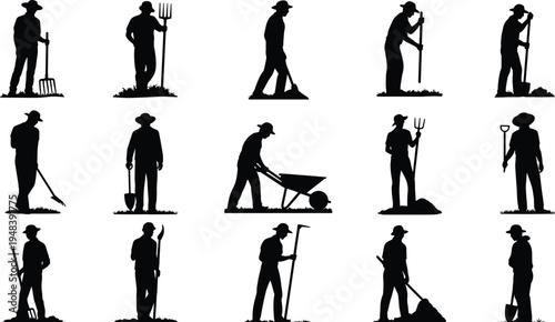 Farmer and gardener silhouettes collection, agriculture workers digging soil, raking leaves, pushing wheelbarrow, farm labor tools set, black silhouette vector illustration