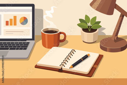 Close-up Side View Flat Vector of a Warm Earth Tone Workspace with Data Graphs